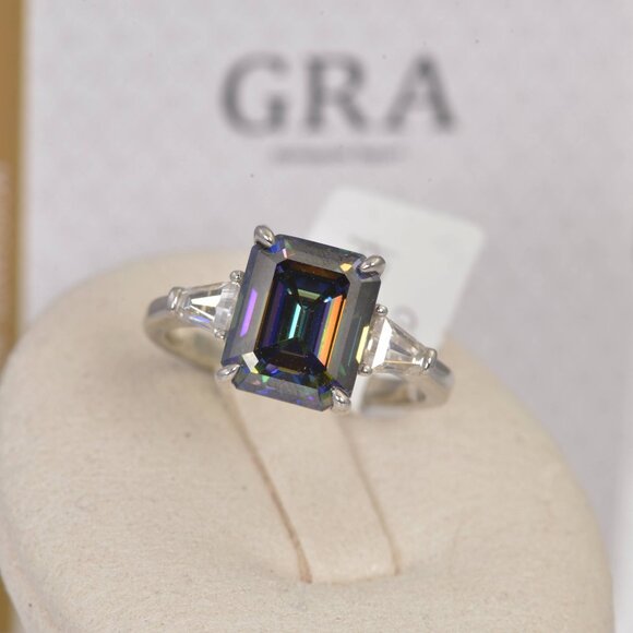 GRA Certified 5.5ct Rainbow Blue Emerald Cut Engagement Moissanite Ring 925 - Picture 3 of 5